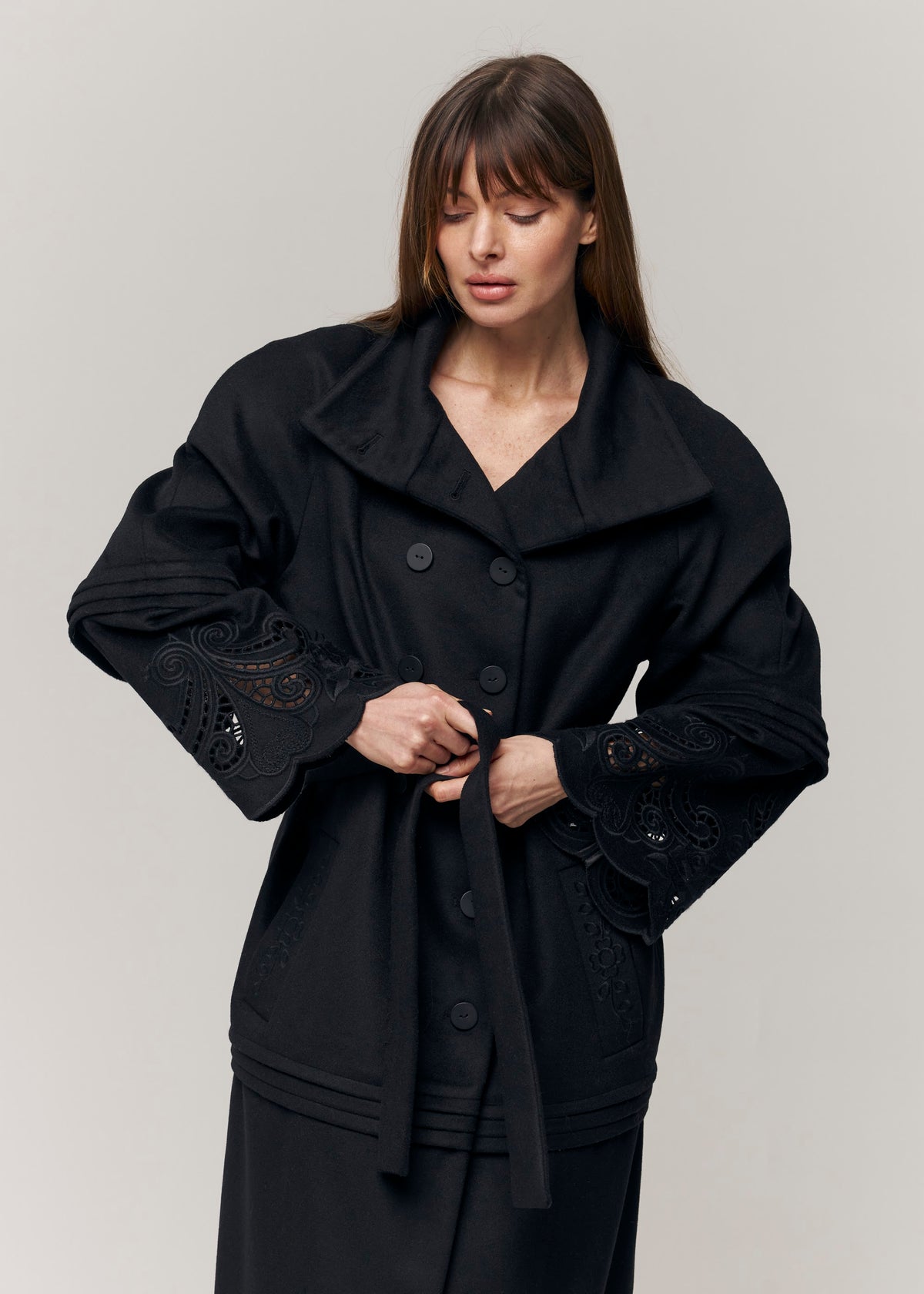 Rose Eclipse Black Wool & Cashmere Eyelet Coat