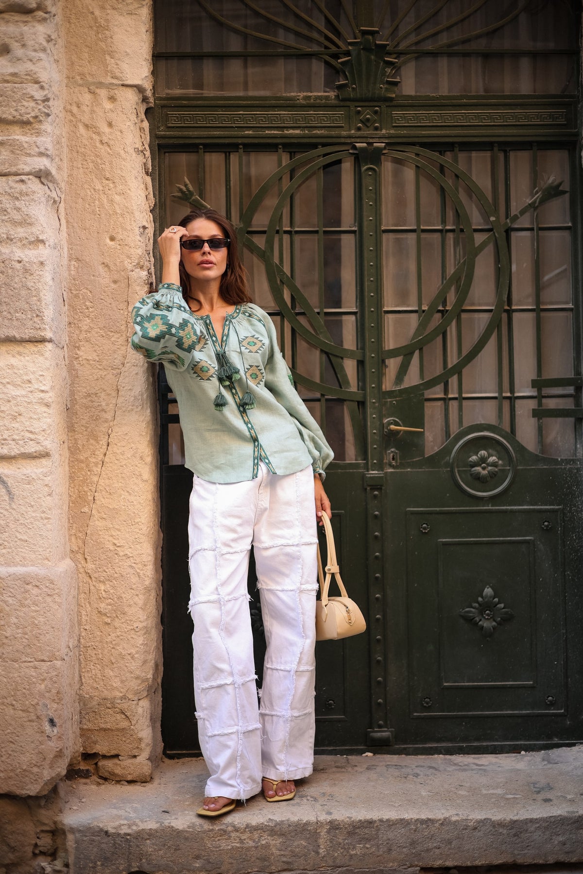 Rombé Geometric Embroidered Linen Blouse – Green
