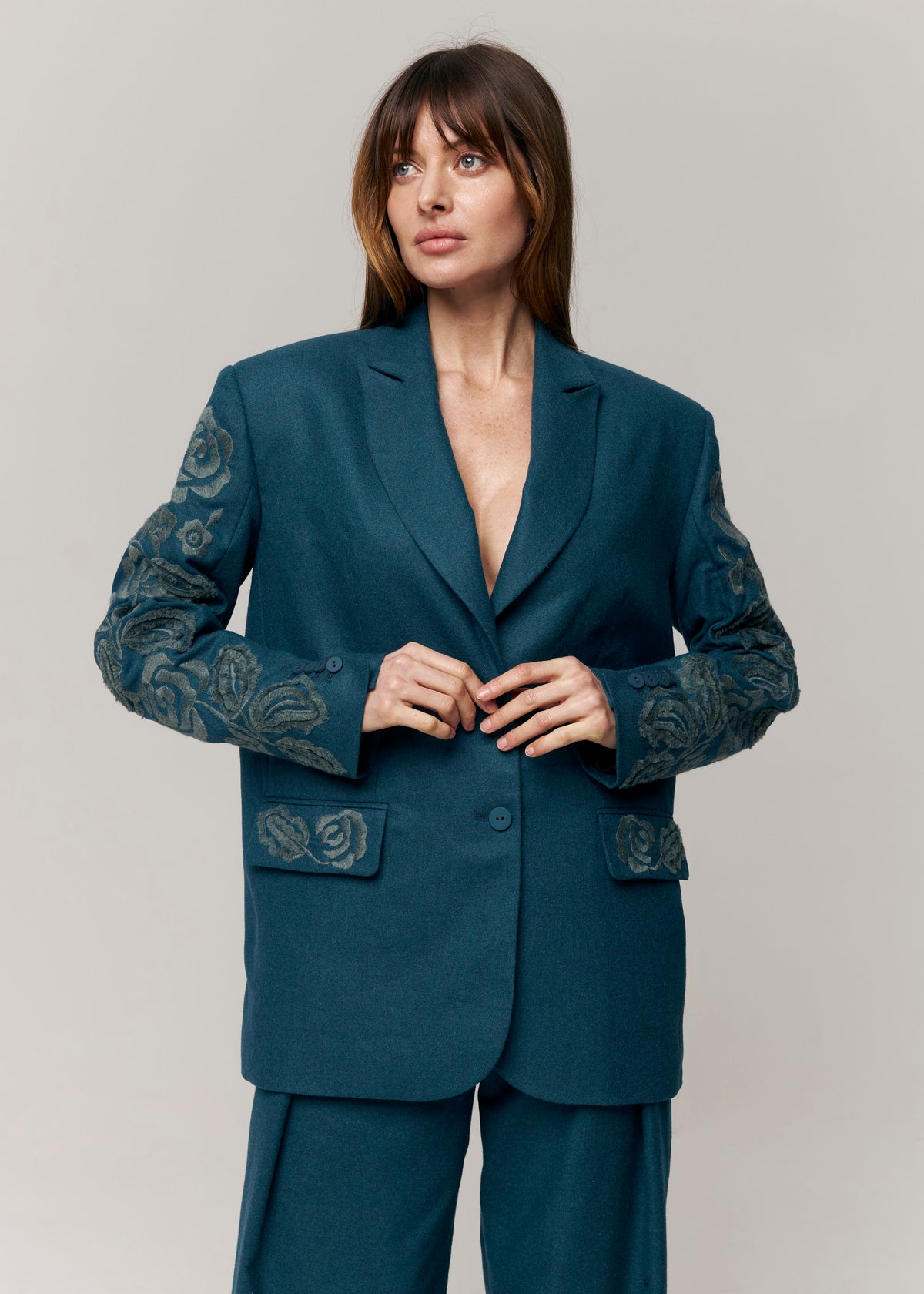 Velvet Rose Embroidered Wide-Leg Pants — Deep Teal