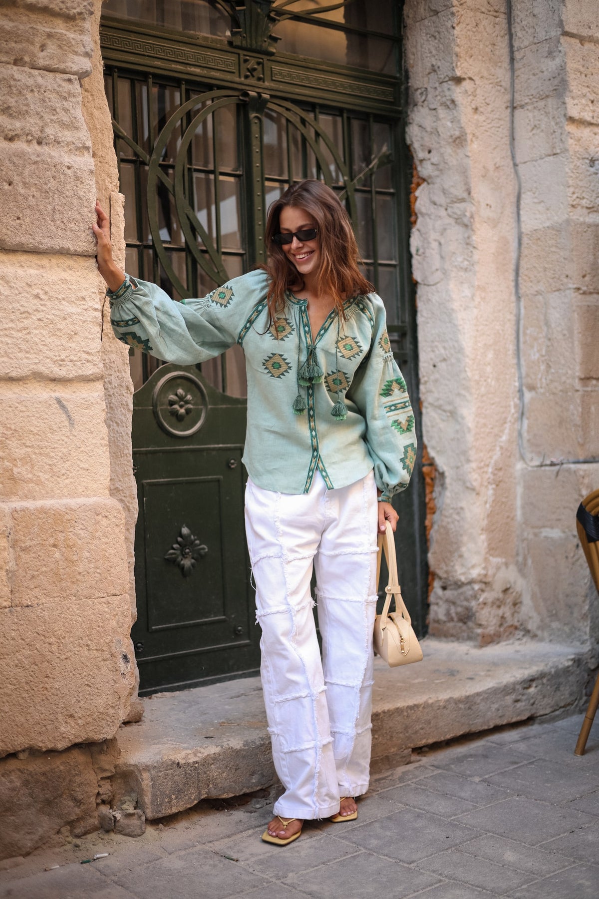 Rombé Geometric Embroidered Linen Blouse – Green