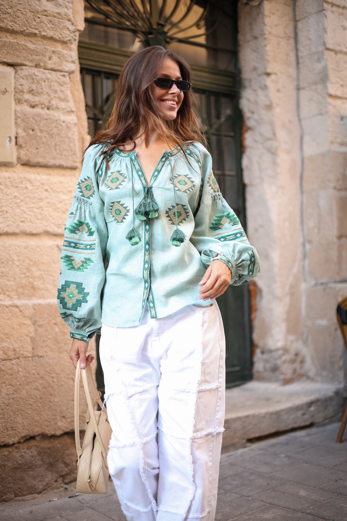 Rombé Geometric Embroidered Linen Blouse – Green
