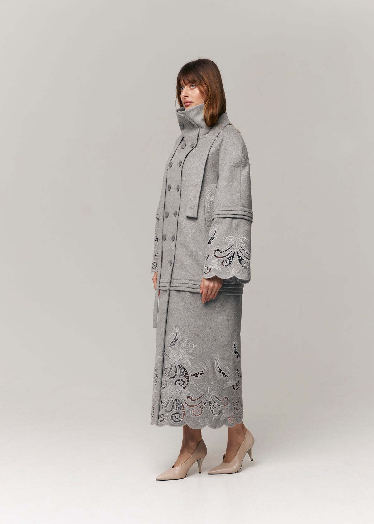 Rose Eclipse Grey Wool & Cashmere Eyelet Coat