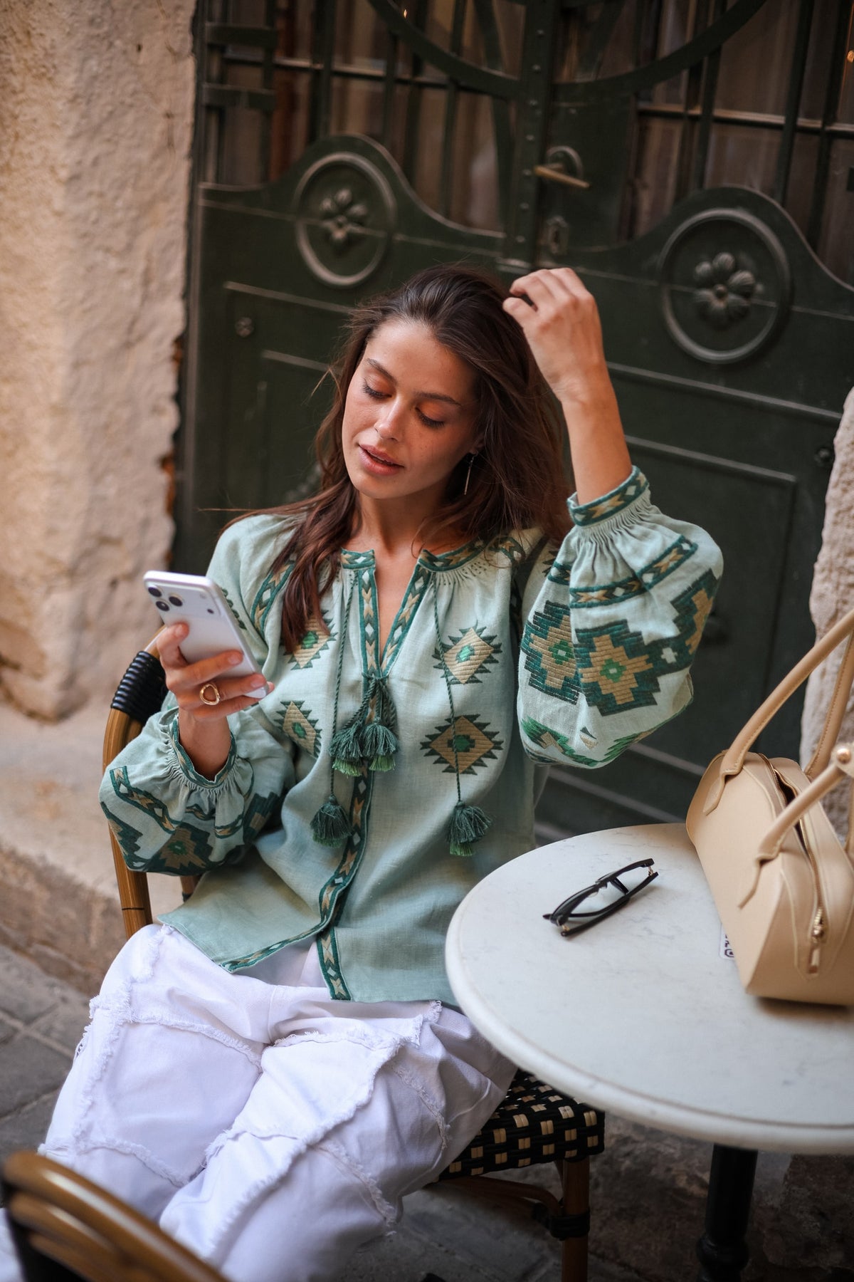 Rombé Geometric Embroidered Linen Blouse – Green