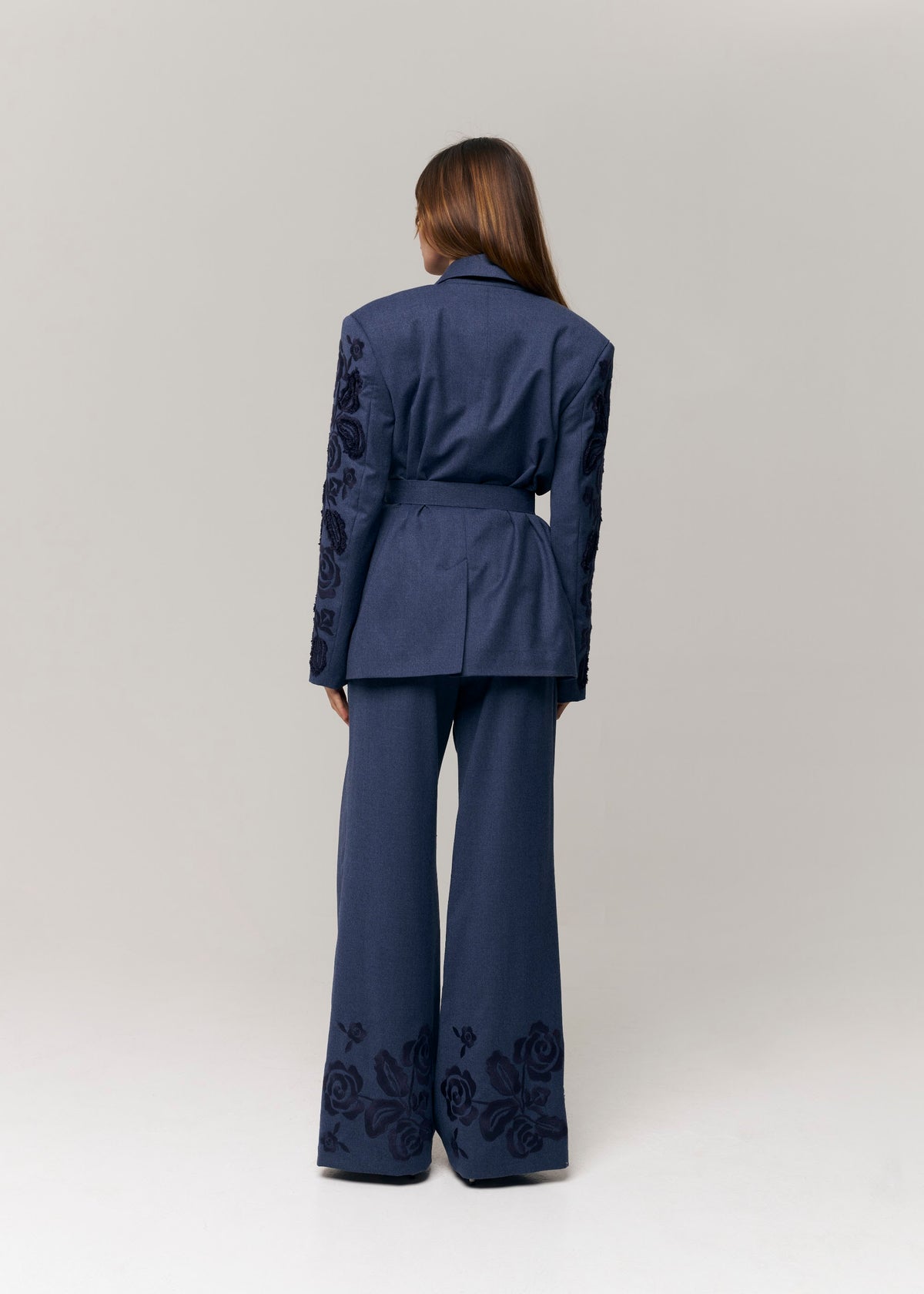 Velvet Rose Embroidered Wool Wide-Leg Pants — Steel Blue