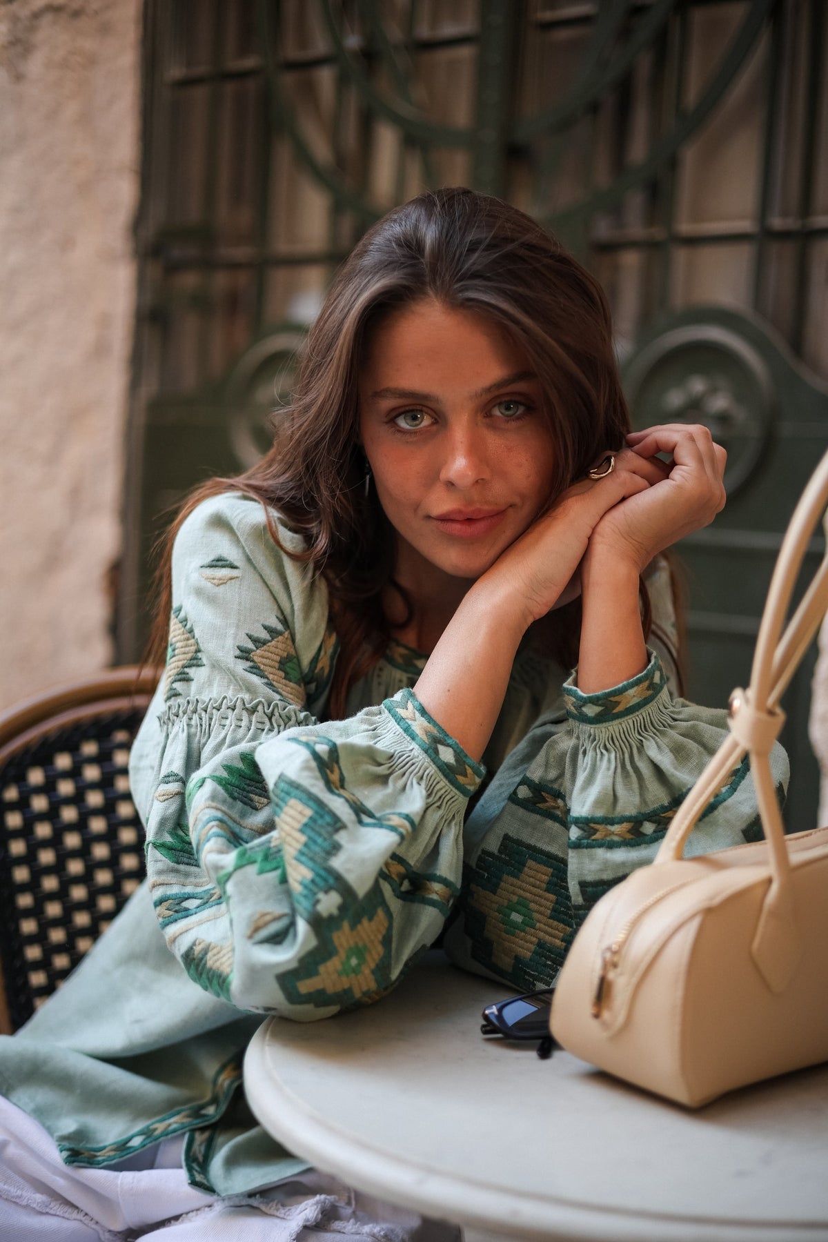 Rombé Geometric Embroidered Linen Blouse – Green