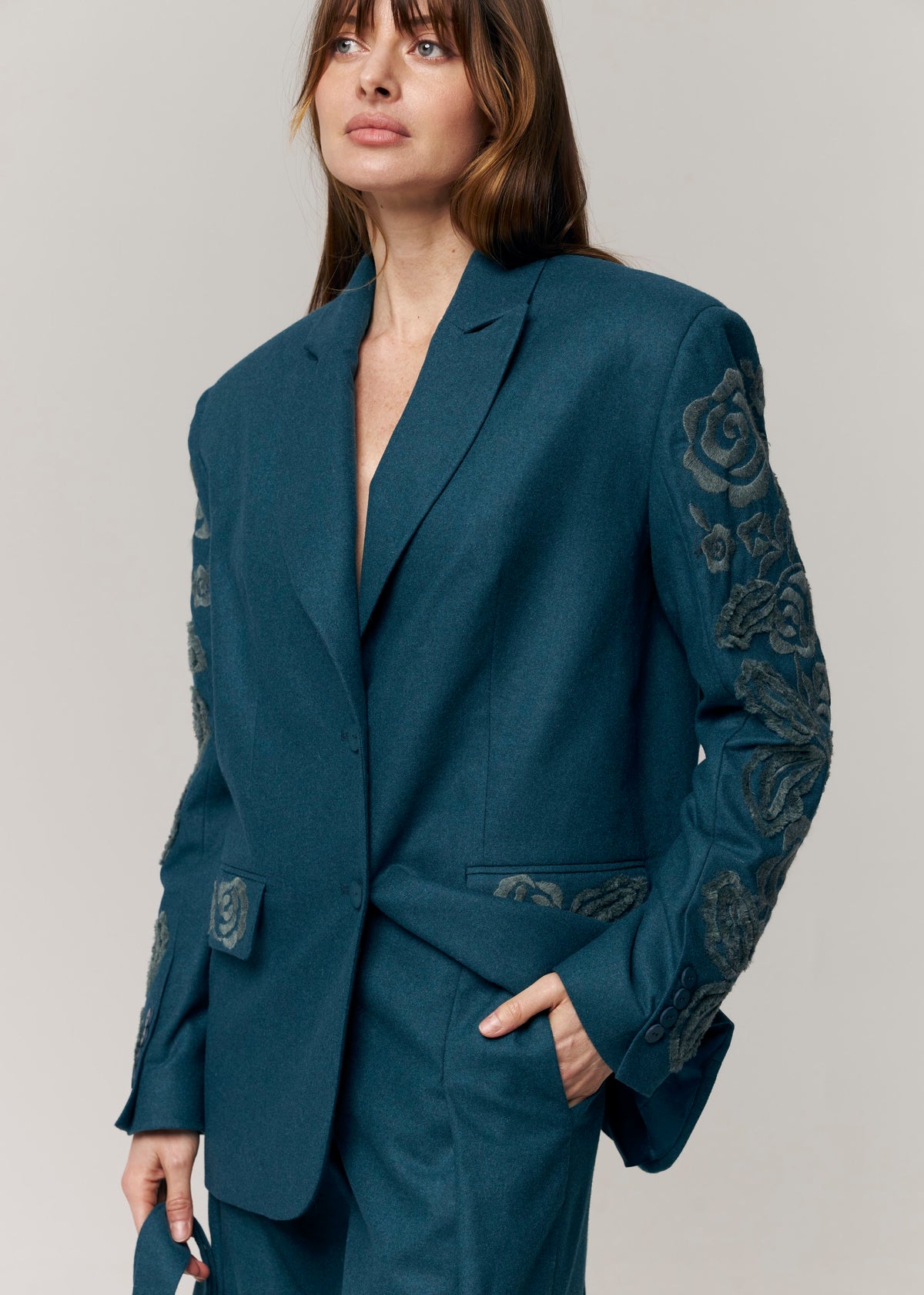 Velvet Rose Embroidered Wool Blazer – Deep Teal