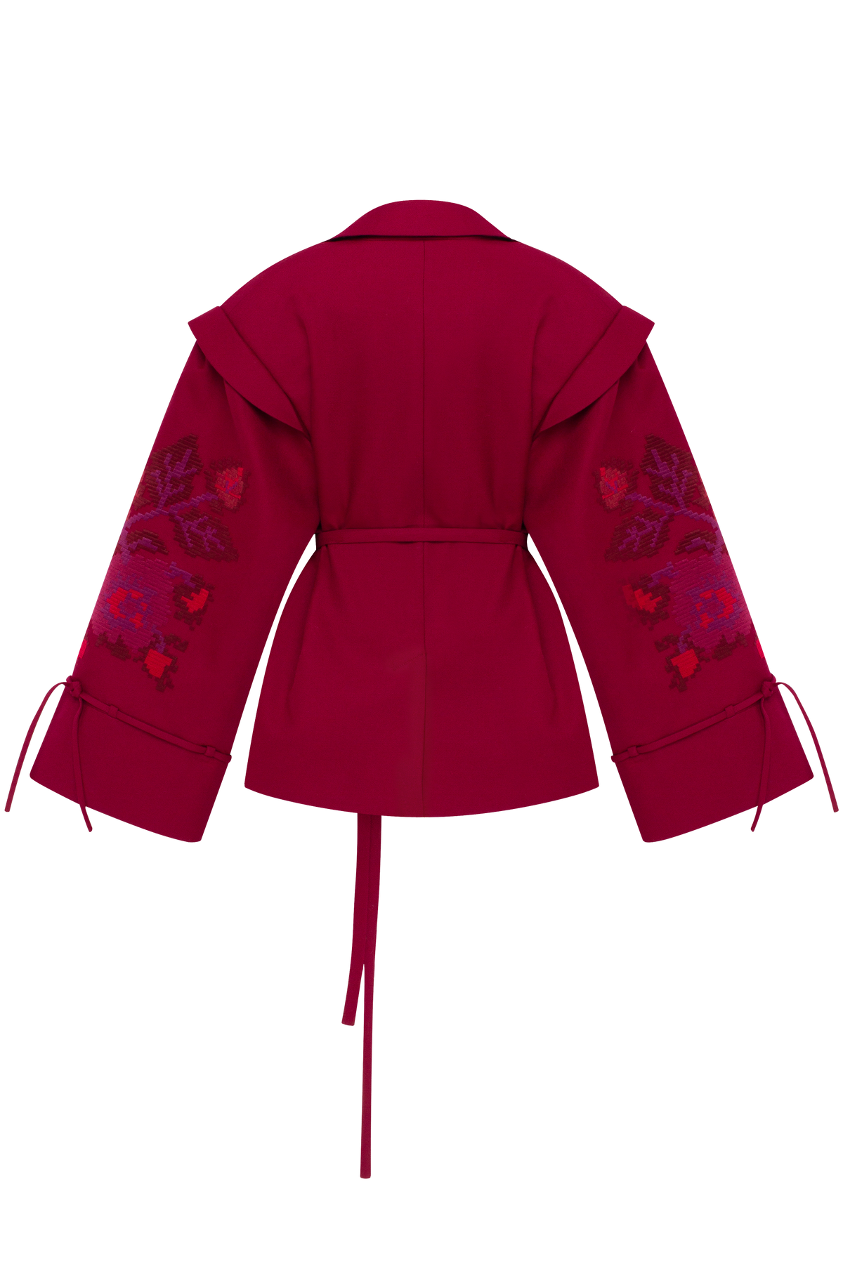 Crimson Pixel Rose Embroidered Wool Peplum Jacket