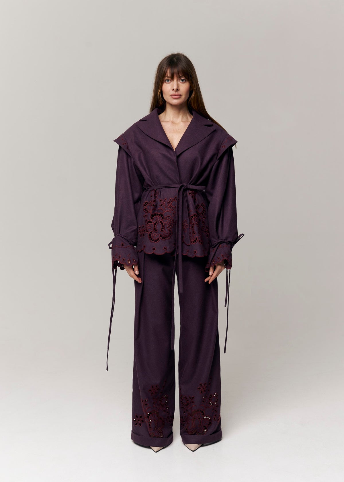 Burgundy Rose Eyelet Embroidered Wide-Leg Pants