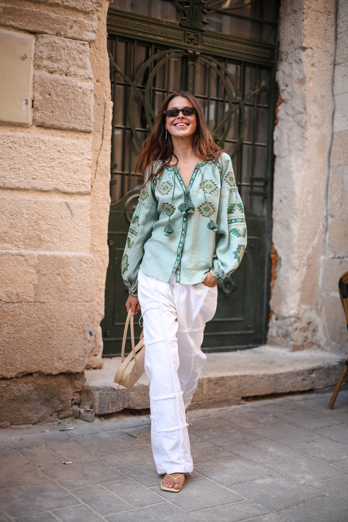 Rombé Geometric Embroidered Linen Blouse – Green