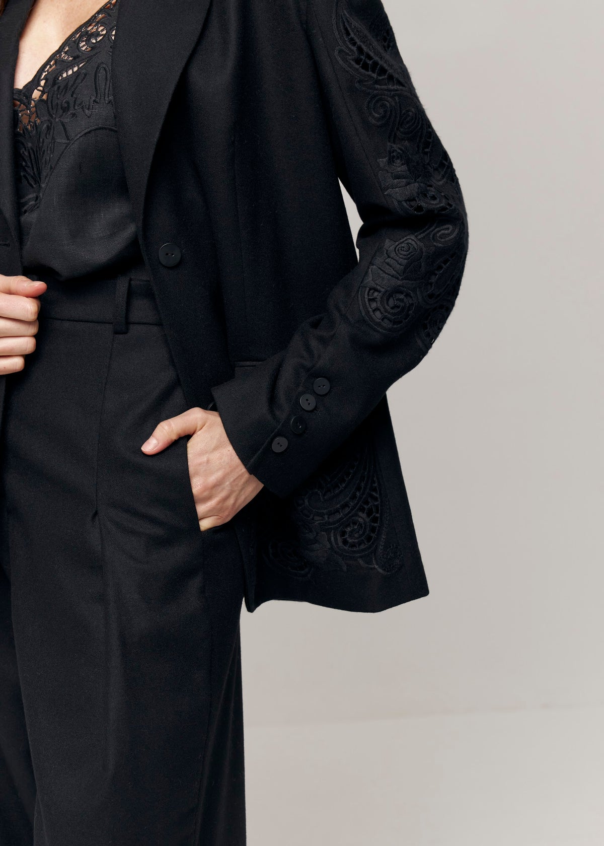 Black Rose Eyelet Embroidered Wool Wide-Leg Pants