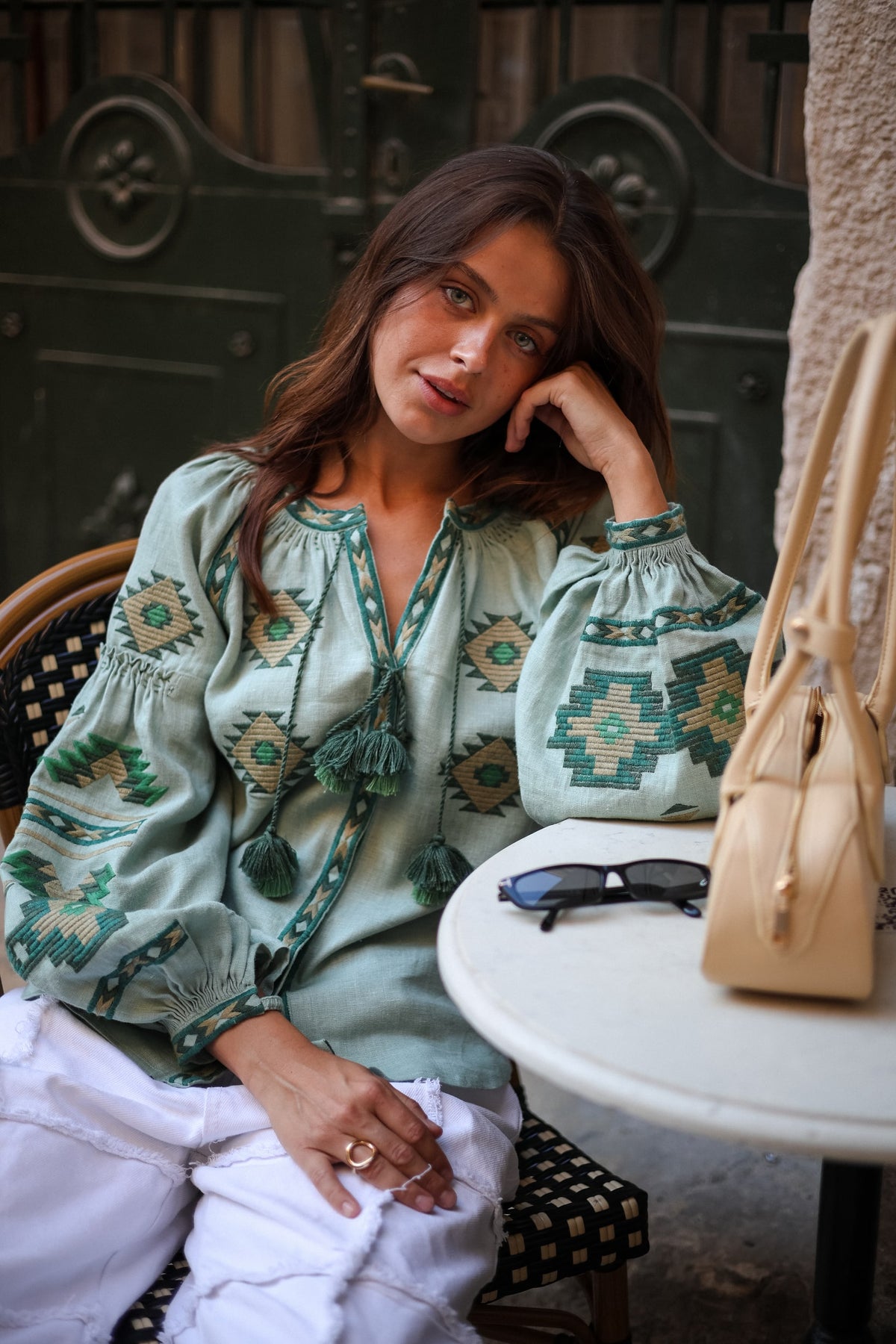 Rombé Geometric Embroidered Linen Blouse – Green