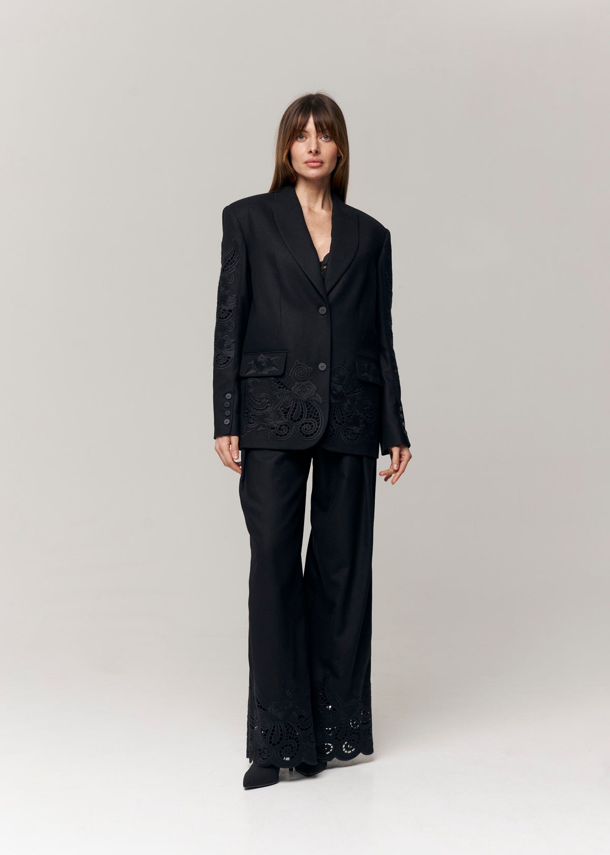 Black Rose Eyelet Embroidered Wool Wide-Leg Pants