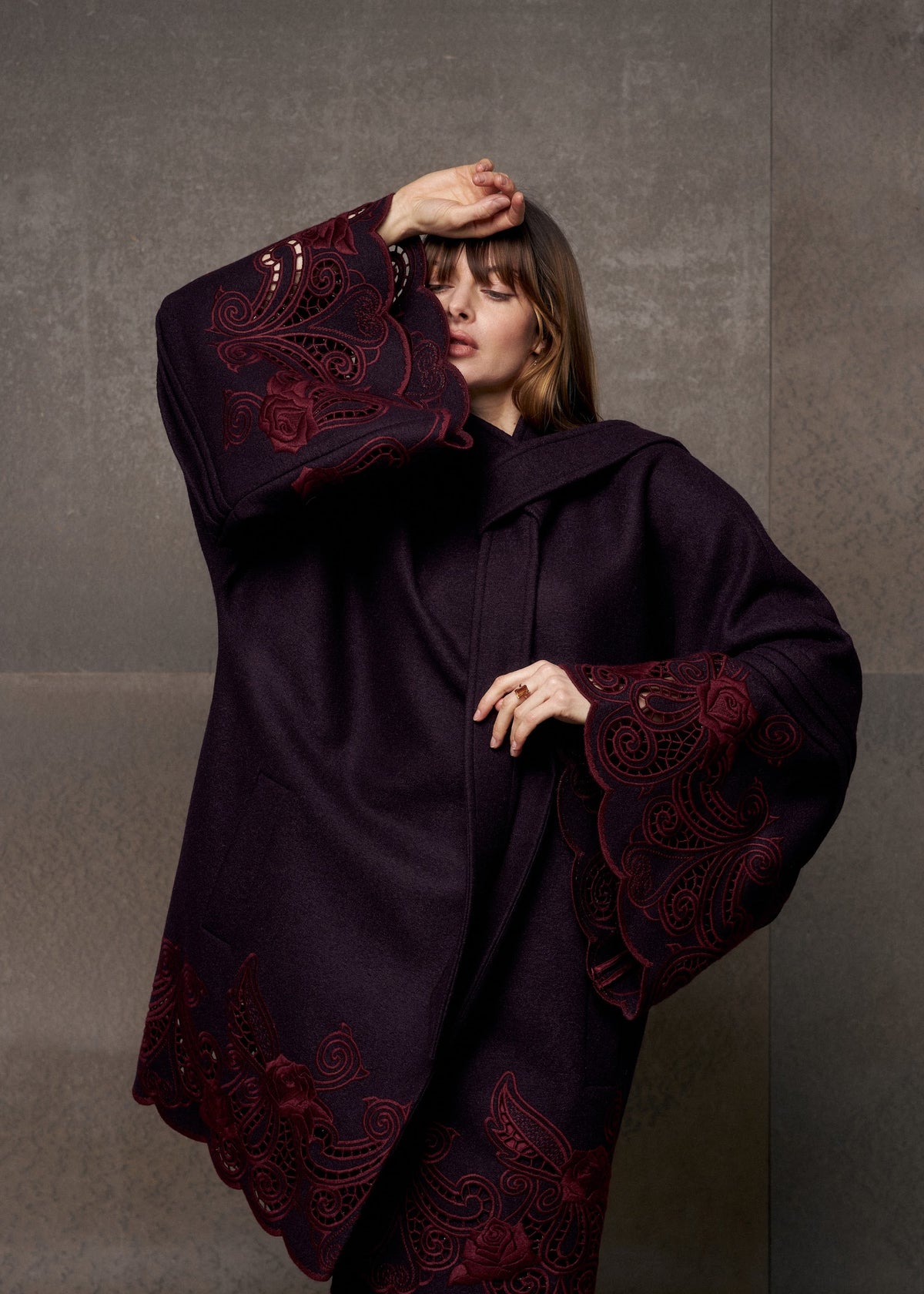Winter Plum Embroidered Wool Wrap Coat