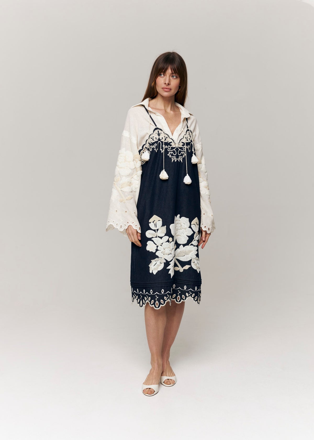 Amber Rose Embroidered Denim Midi Sundress