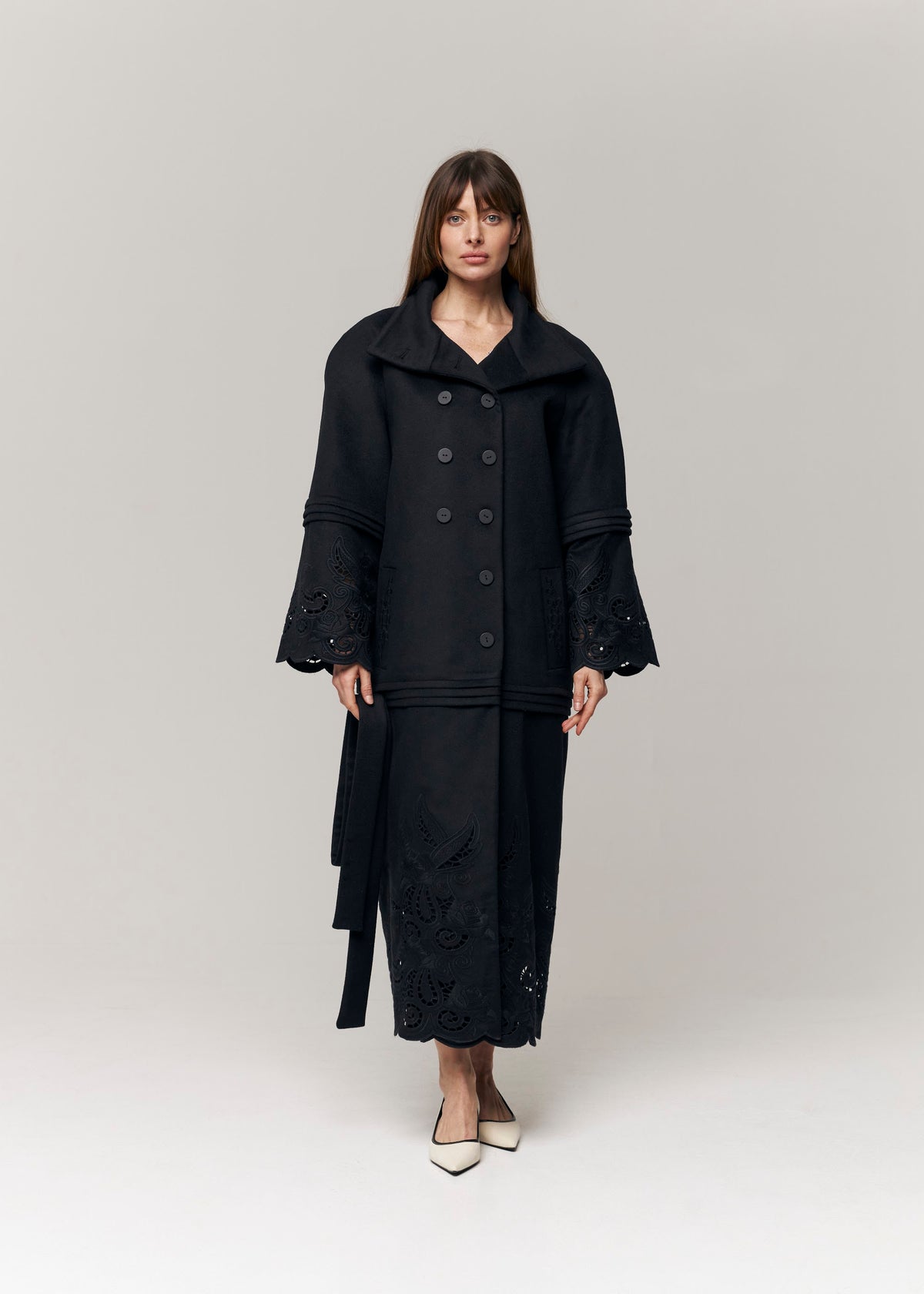 Rose Eclipse Black Wool & Cashmere Eyelet Coat