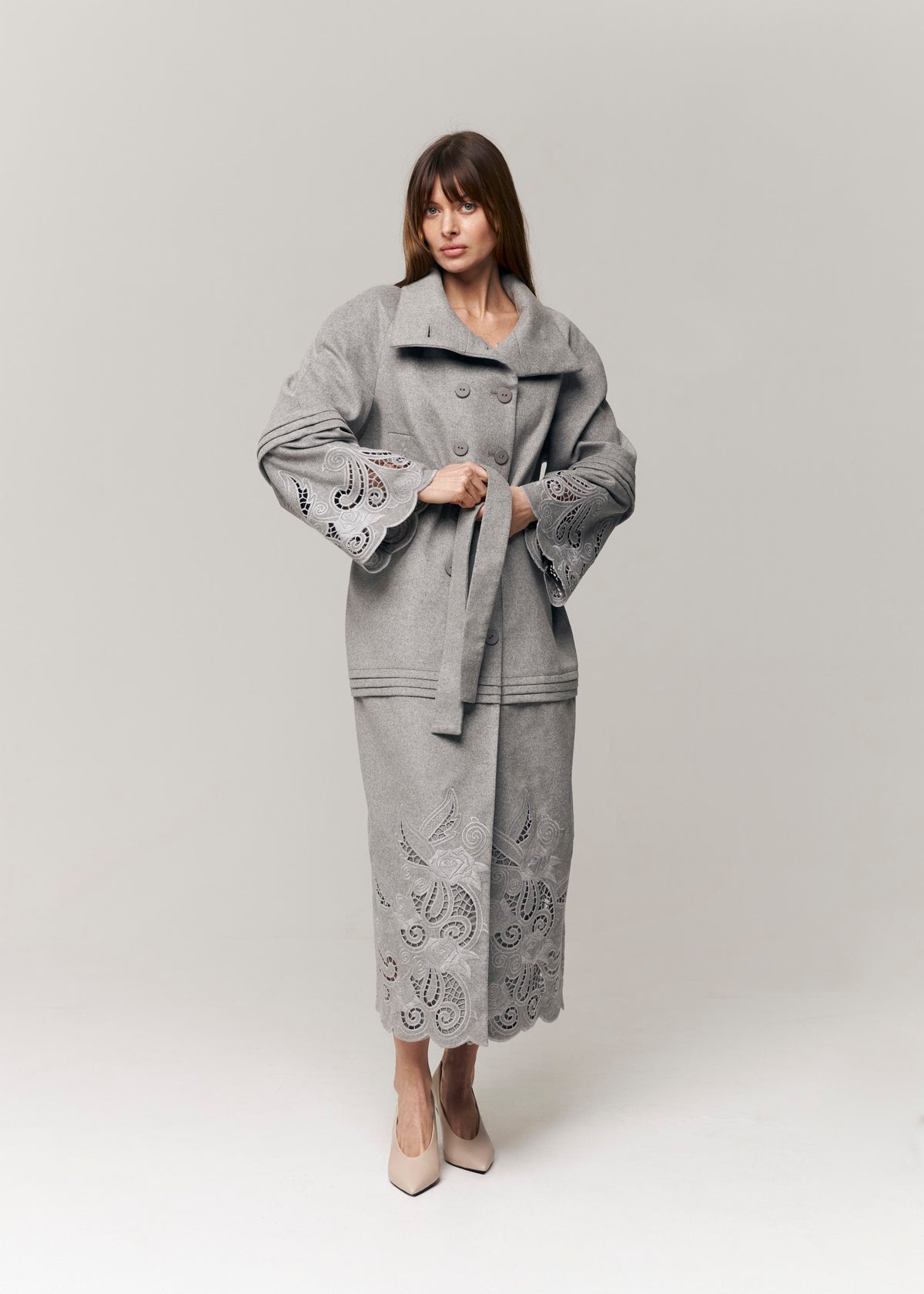 Rose Eclipse Grey Wool & Cashmere Eyelet Coat