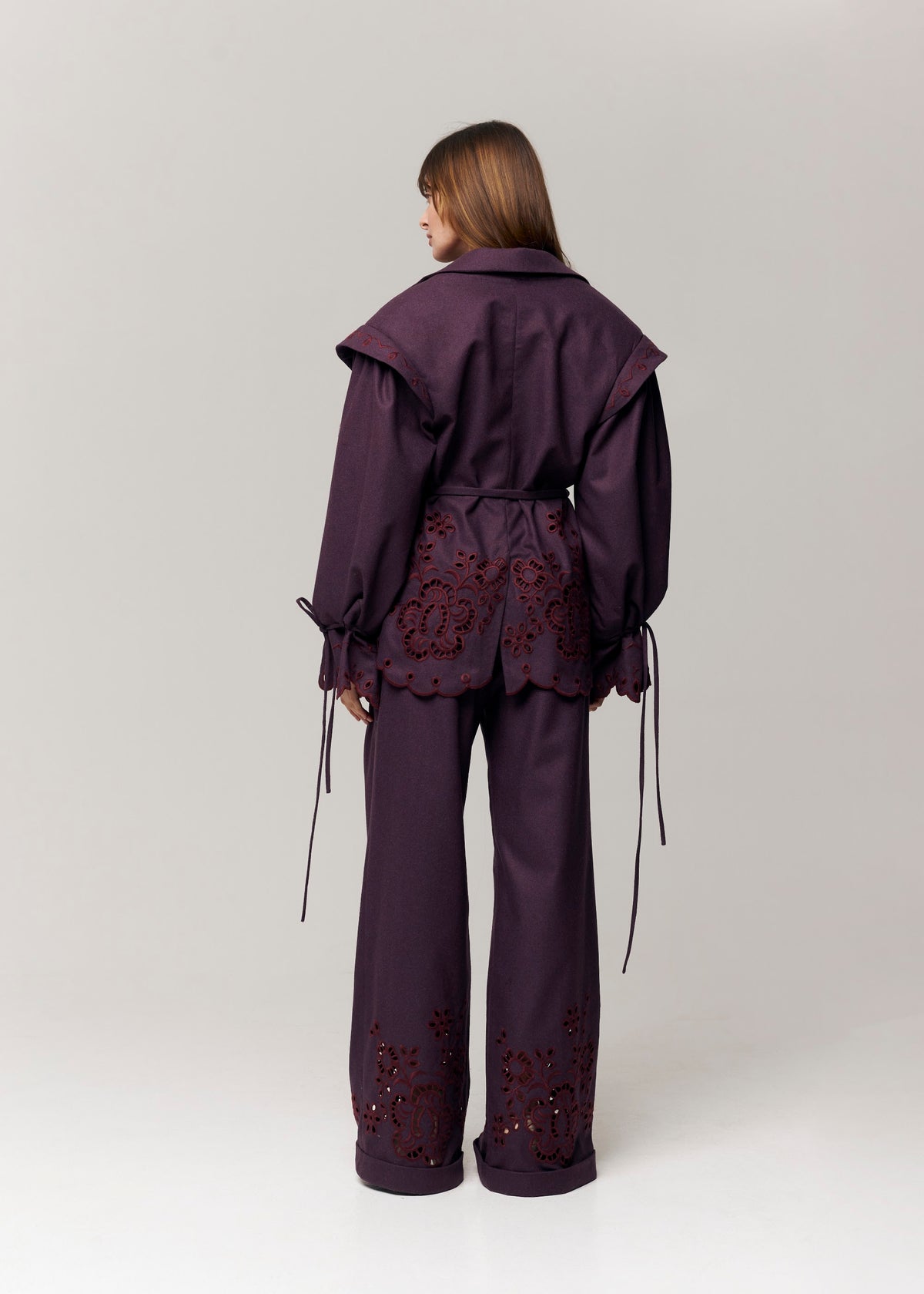 Burgundy Rose Eyelet Embroidered Wool Blazer