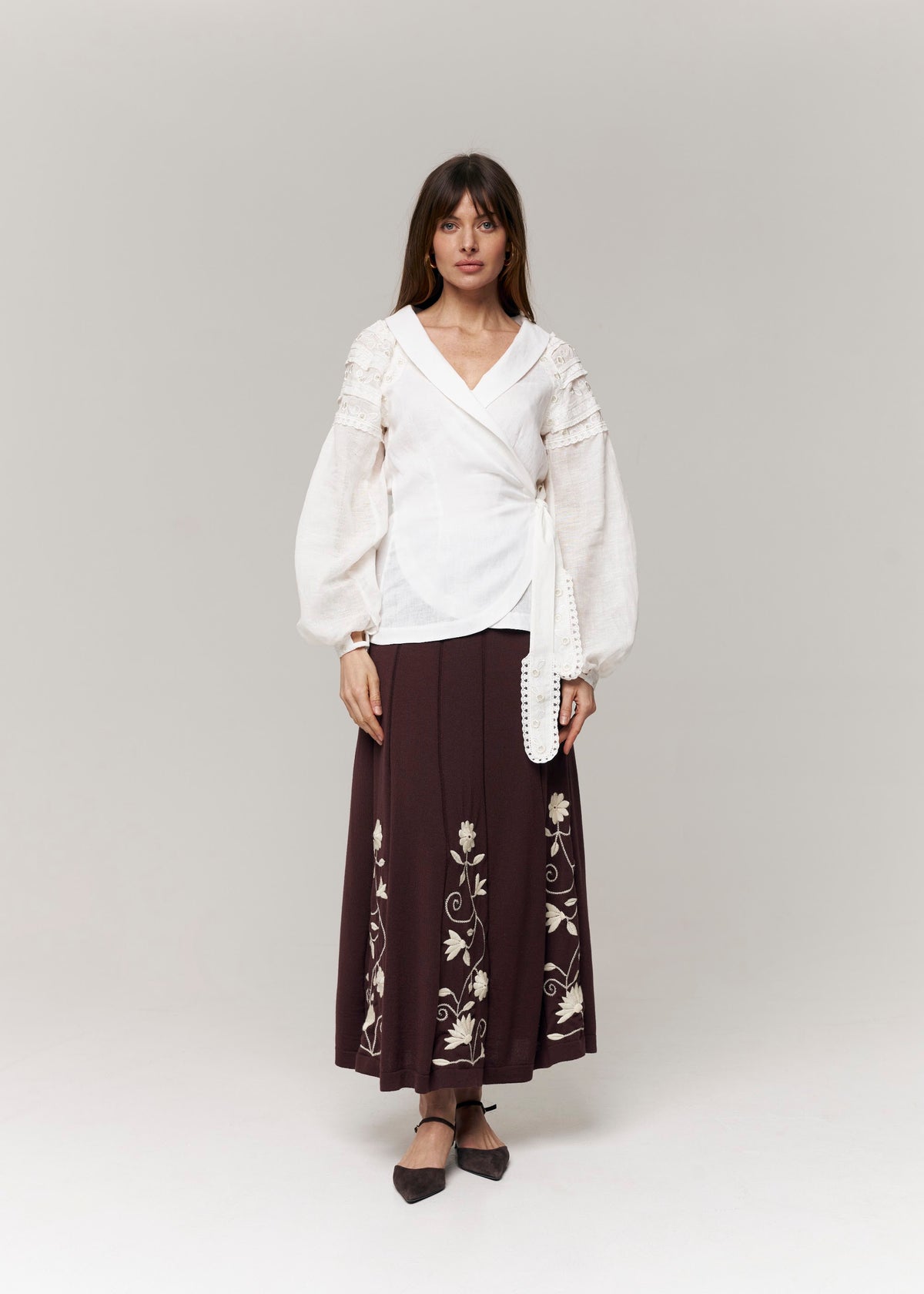 Roseveil Embroidered Linen Wrap Blouse – White