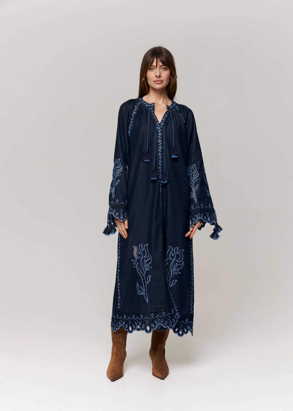 Midnight Rose Embroidered Cotton Maxi Dress