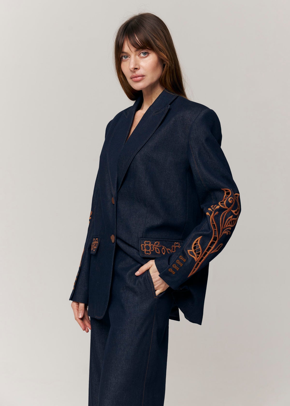 Velvet Rose Embroidered Denim Wide-Leg Pants