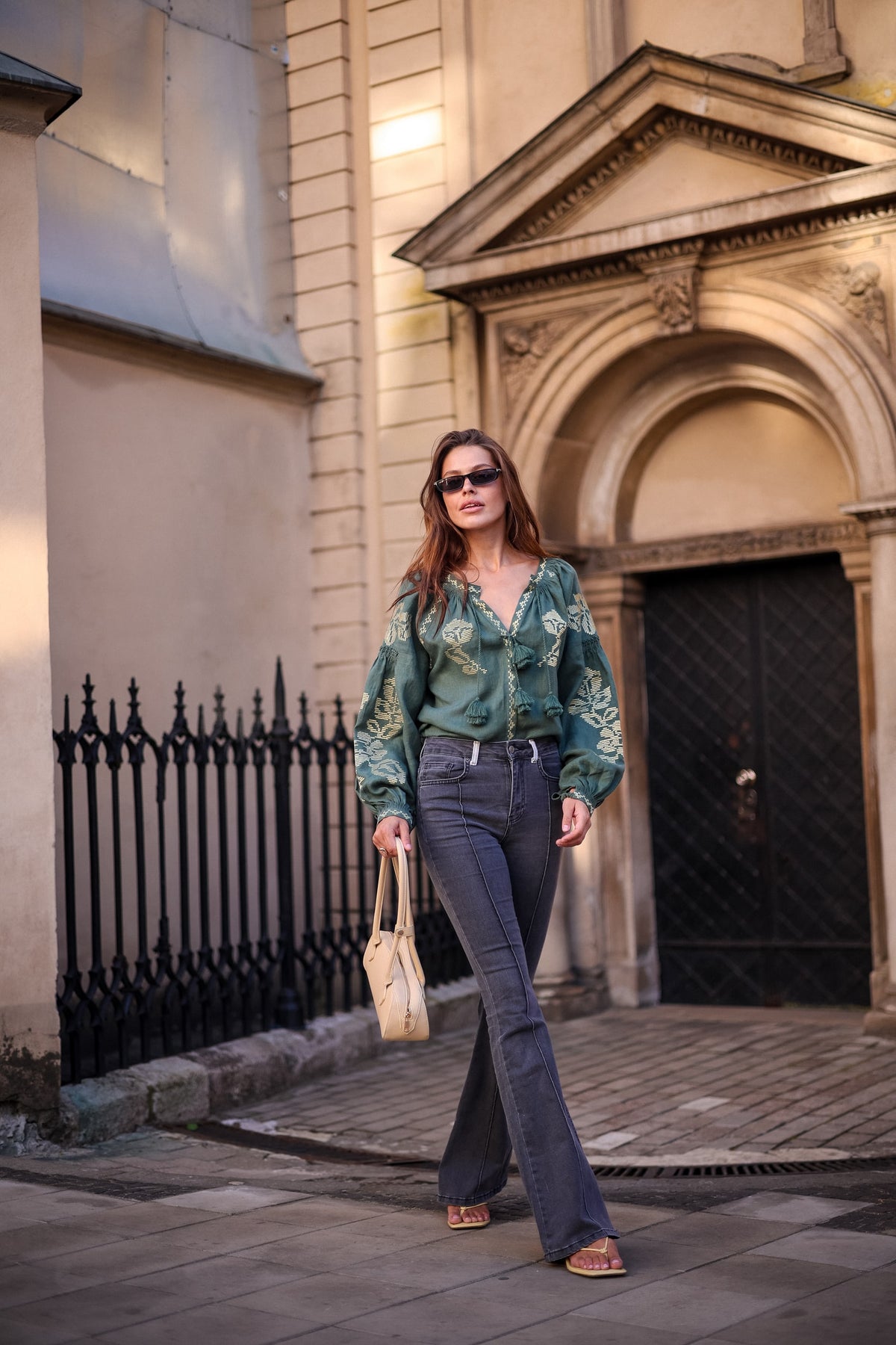 Rombé Geometric Embroidered Linen Blouse – Green