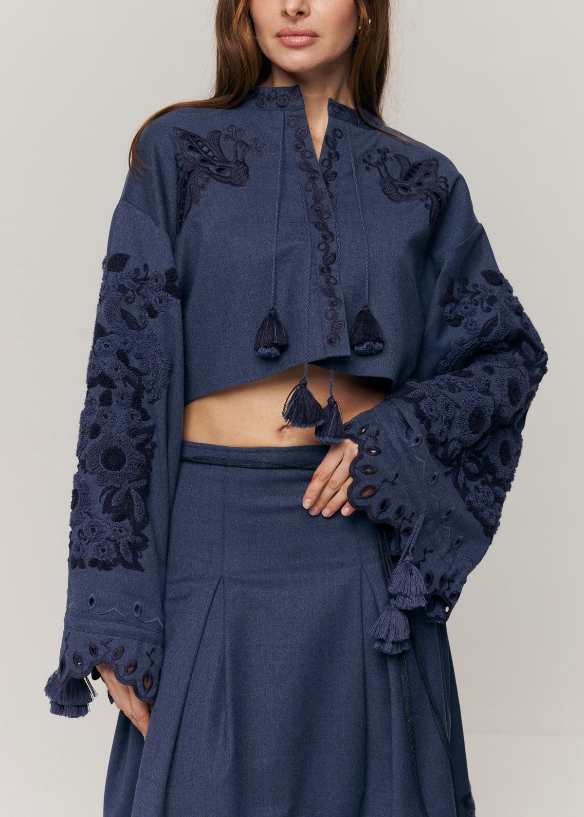 Midnight Mirage Embroidered Cropped Jacket – Blue