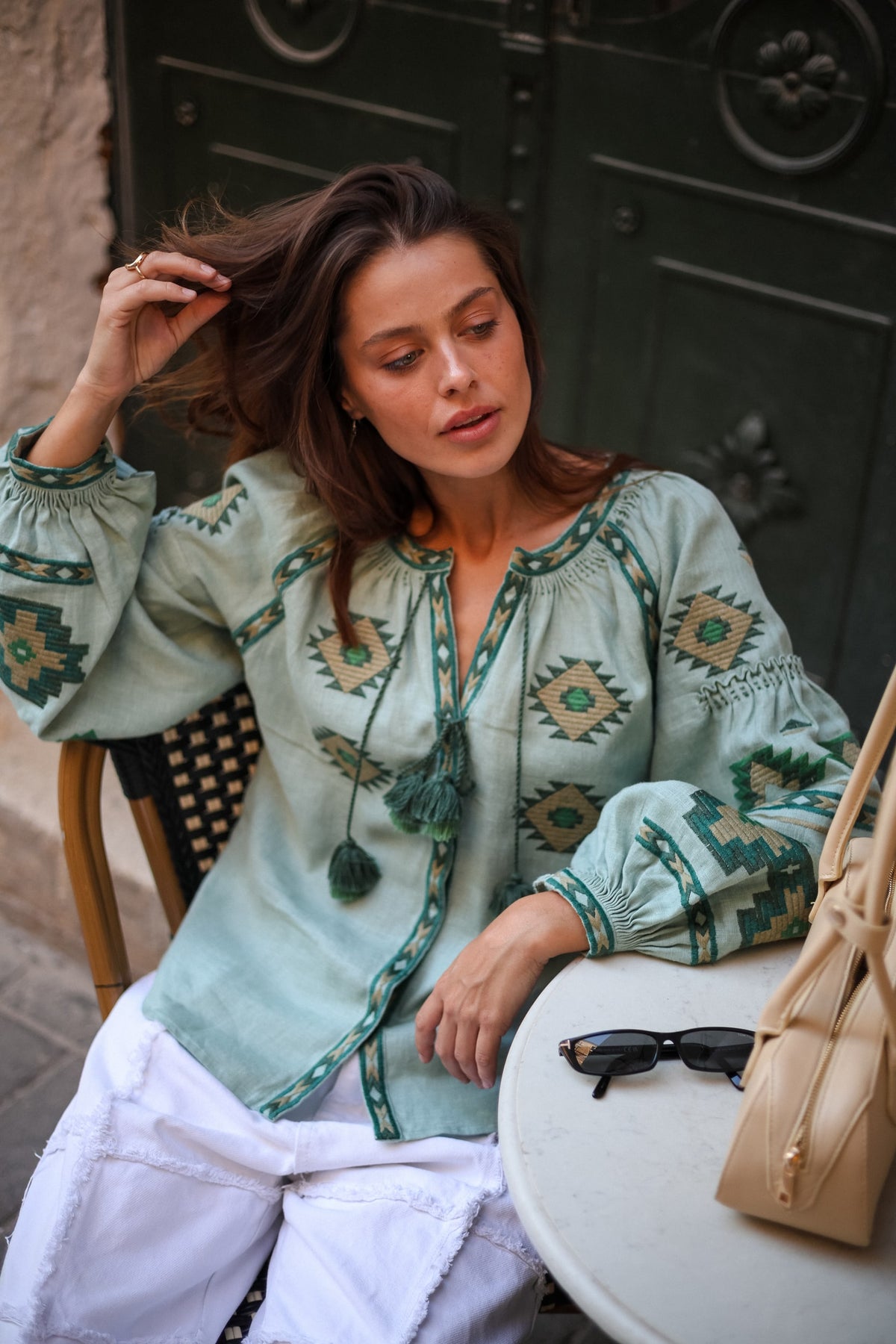 Rombé Geometric Embroidered Linen Blouse – Green