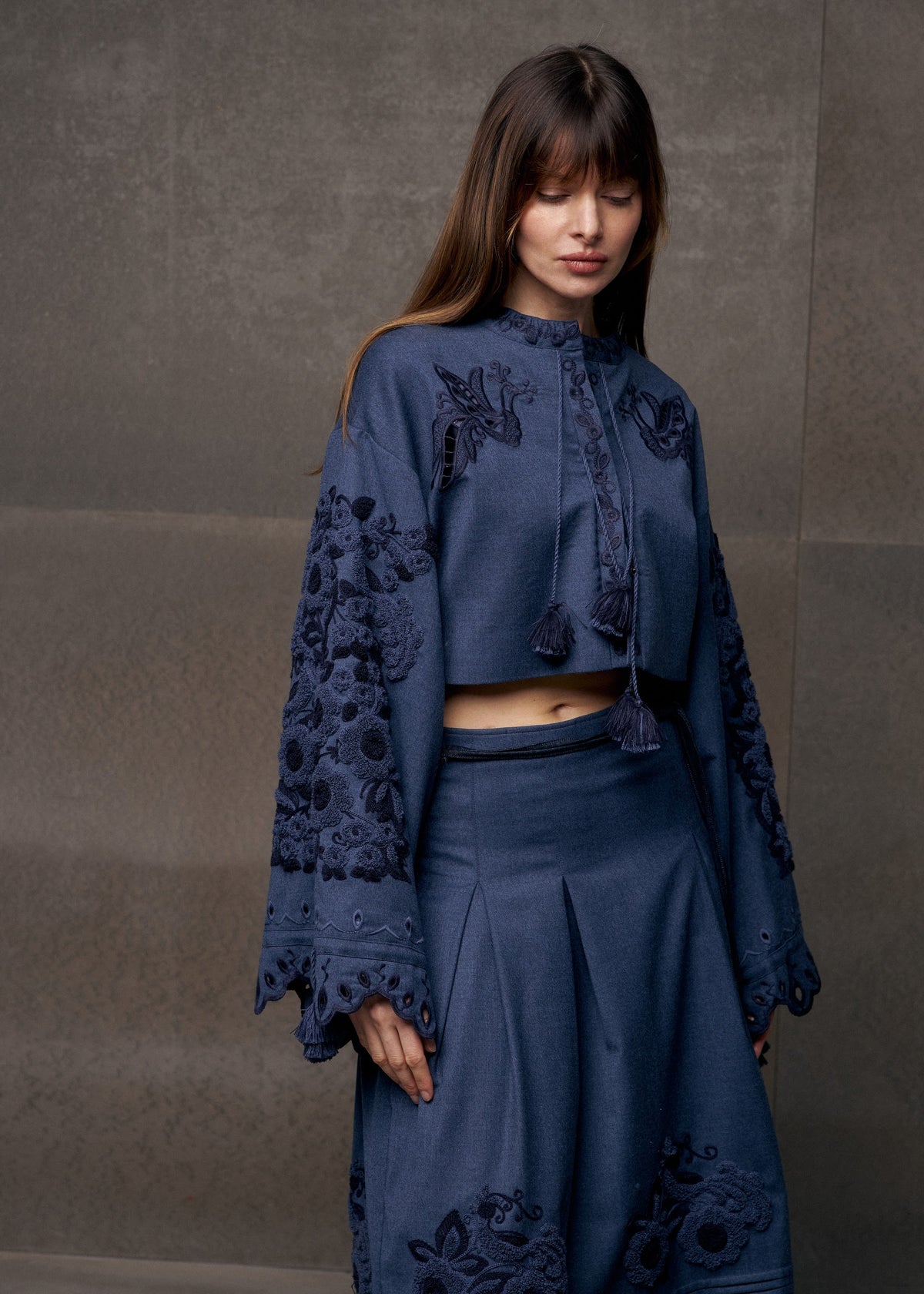 Midnight Mirage Embroidered Cropped Jacket – Blue