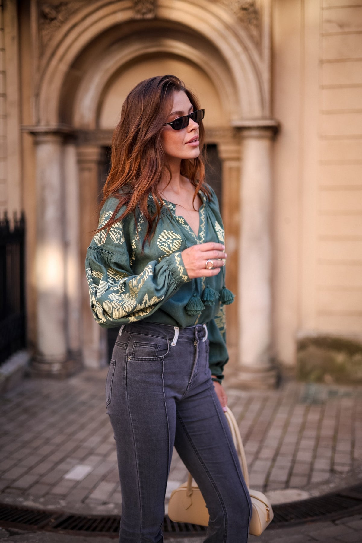 Rombé Geometric Embroidered Linen Blouse – Green