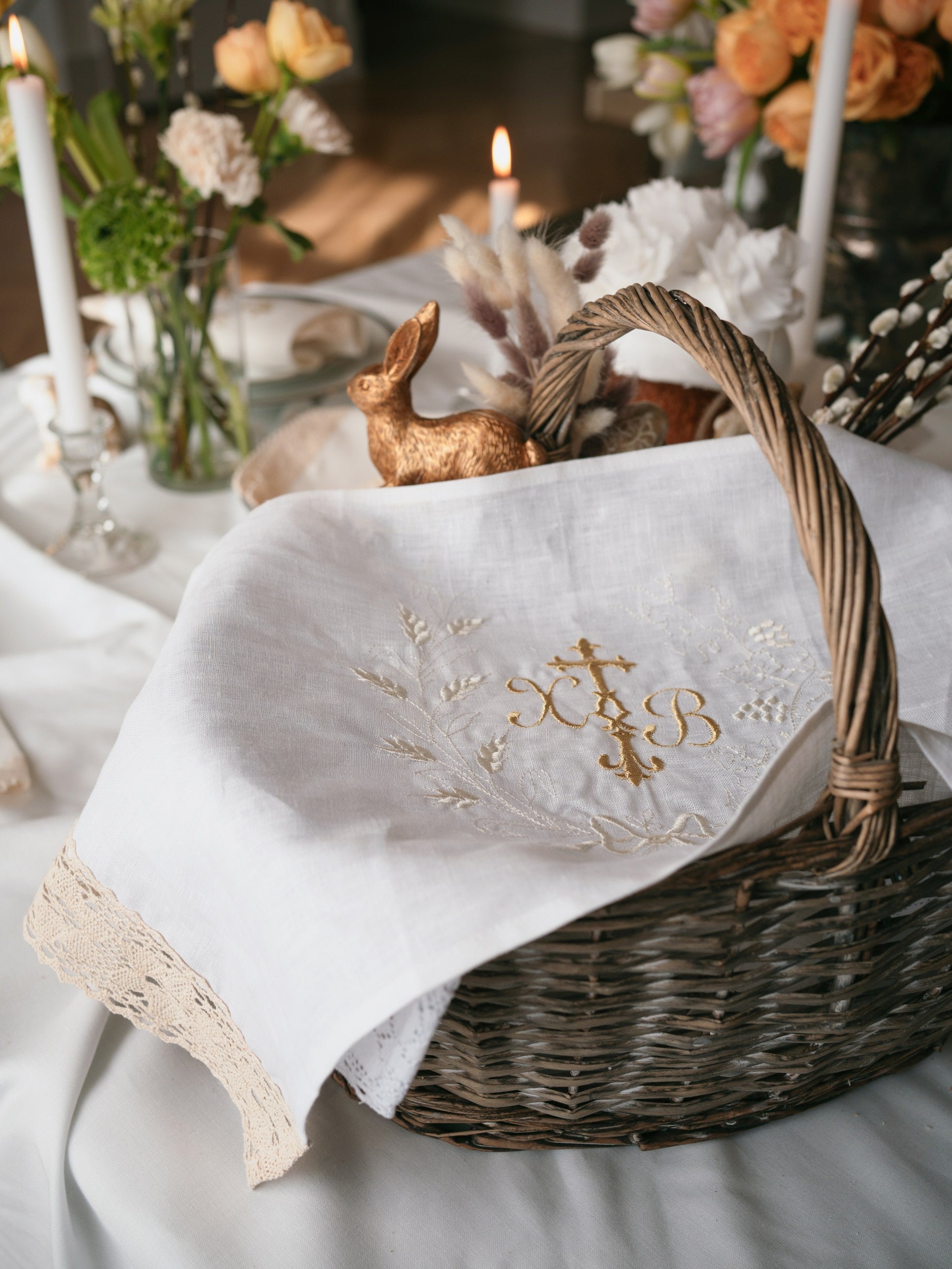 Embroidered Linen Easter Towel with Ivory Lace