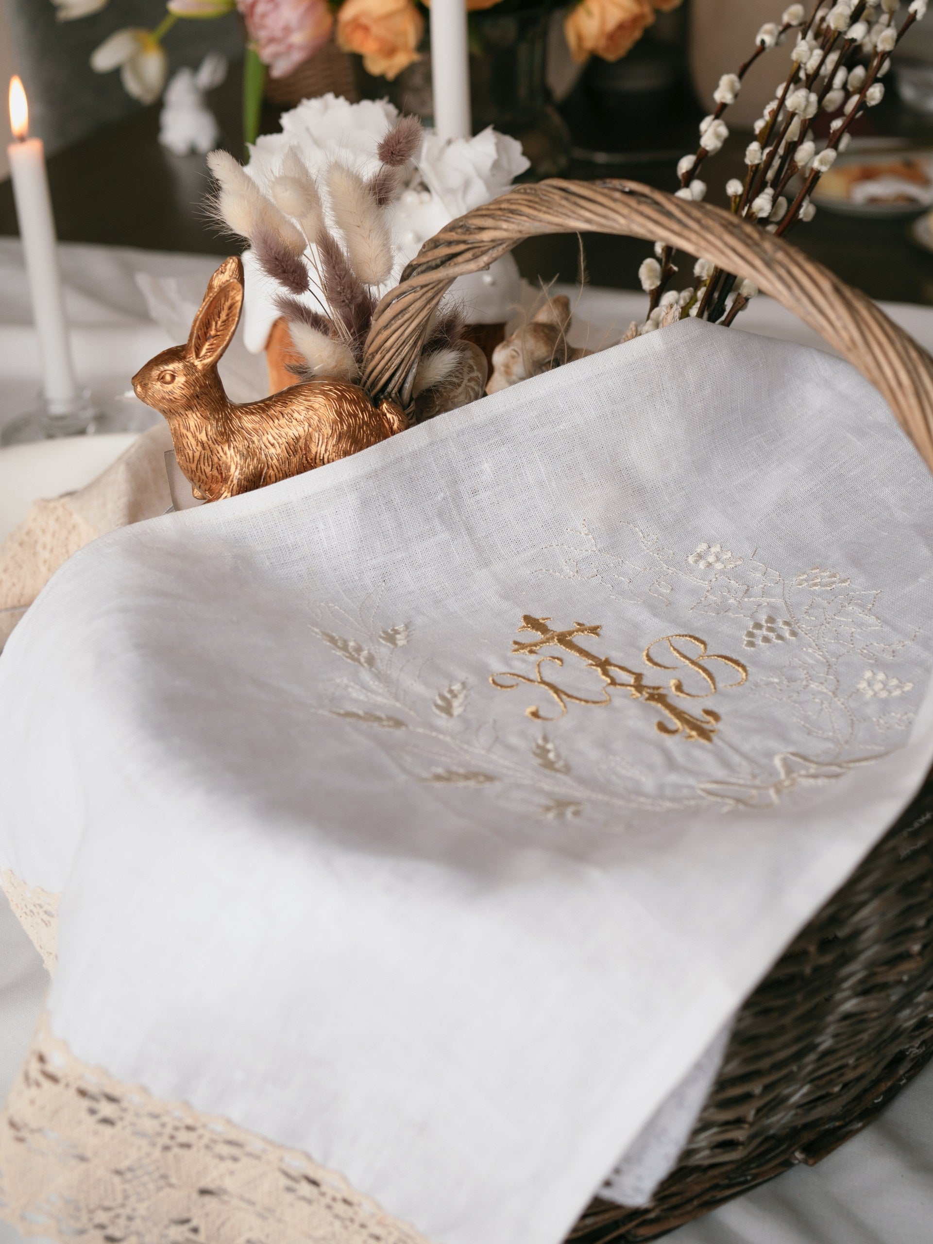 Embroidered Linen Easter Towel with Ivory Lace