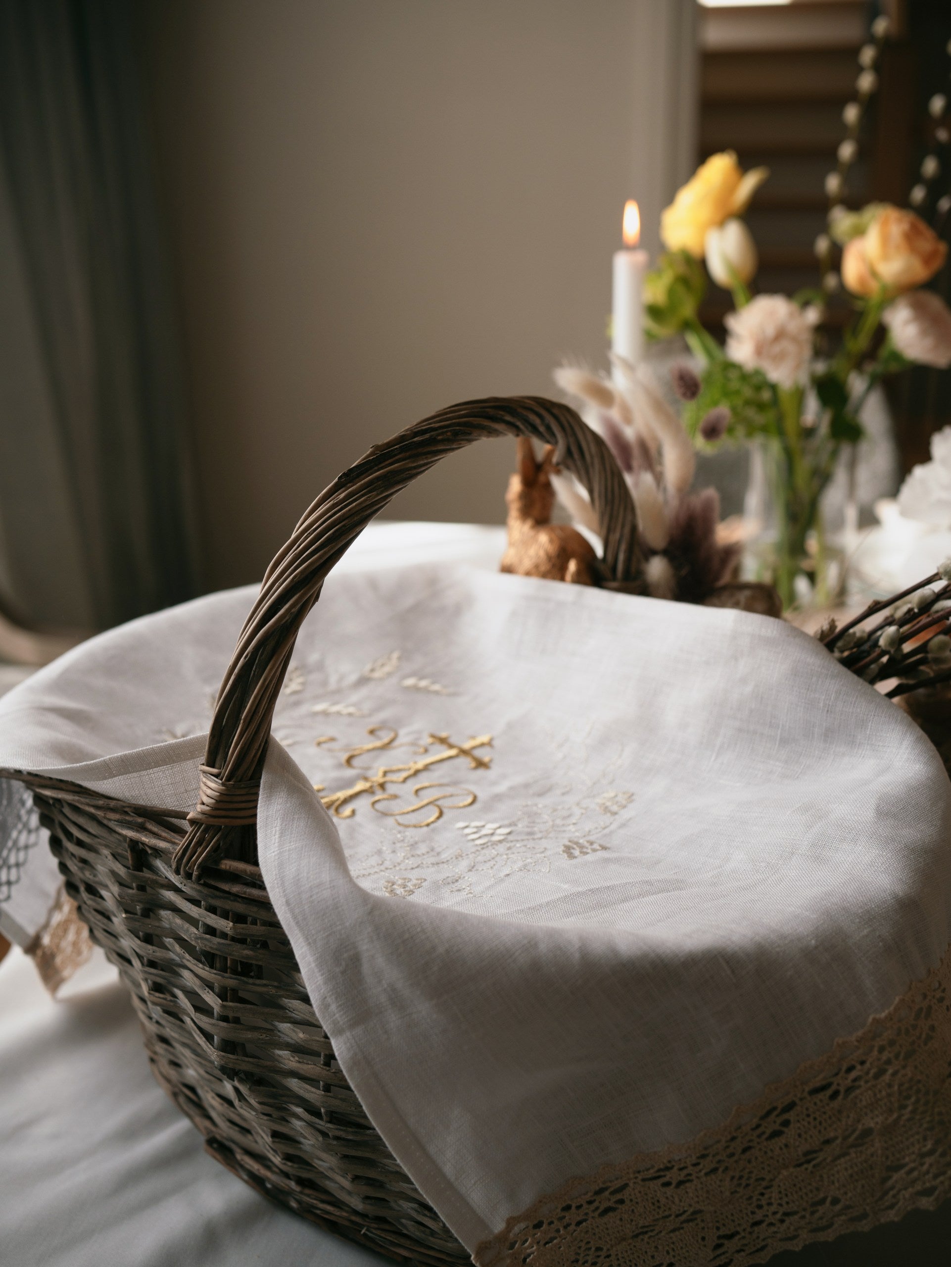 Embroidered Linen Easter Towel with Ivory Lace
