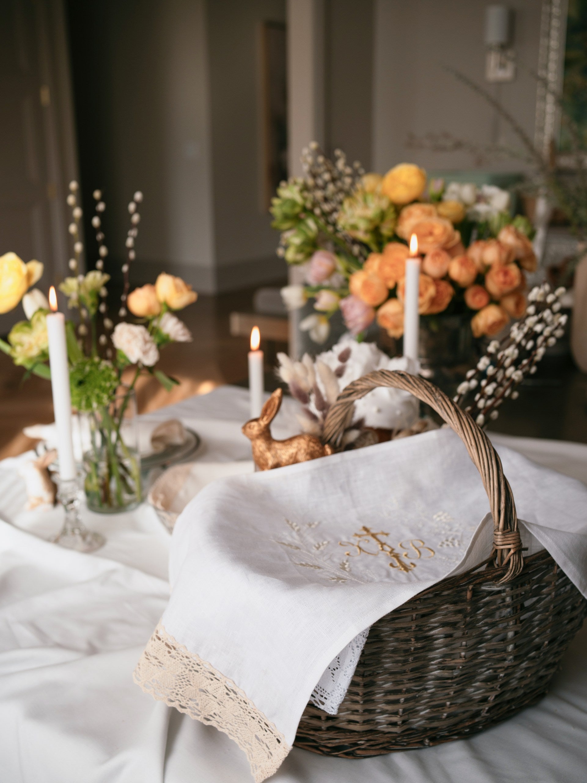 Embroidered Linen Easter Towel with Ivory Lace