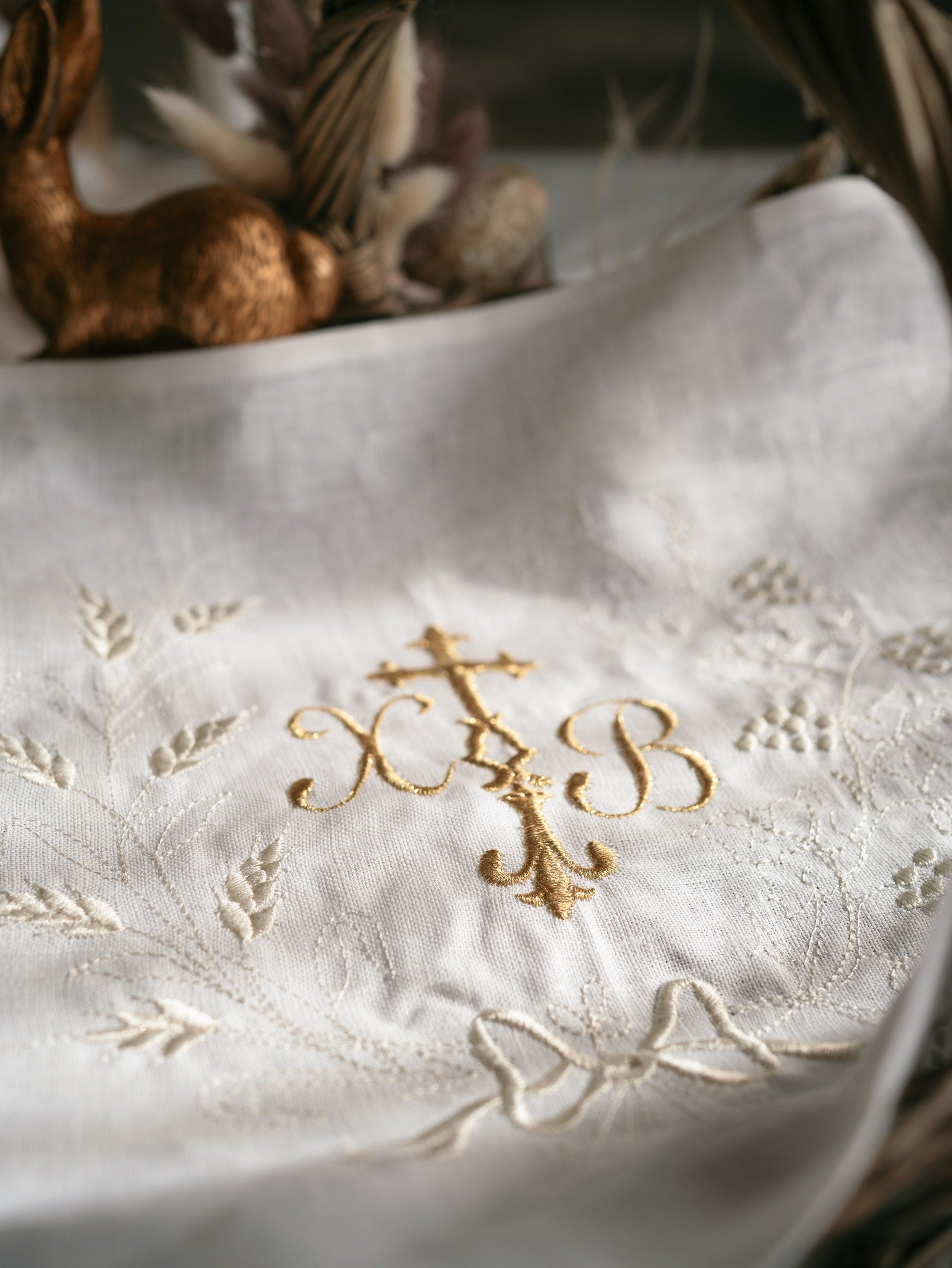Embroidered Linen Easter Towel with Ivory Lace