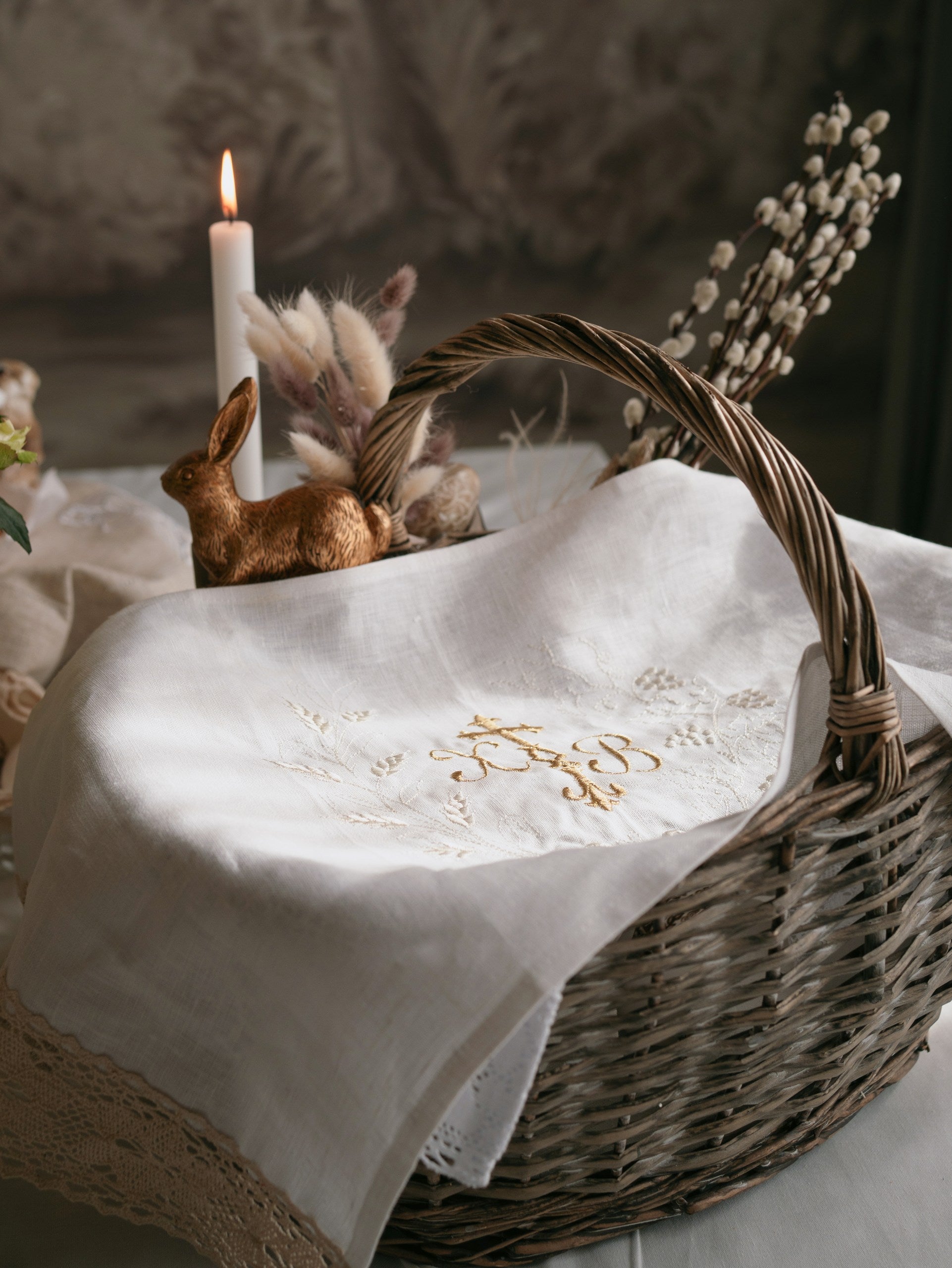 Embroidered Linen Easter Towel with Ivory Lace